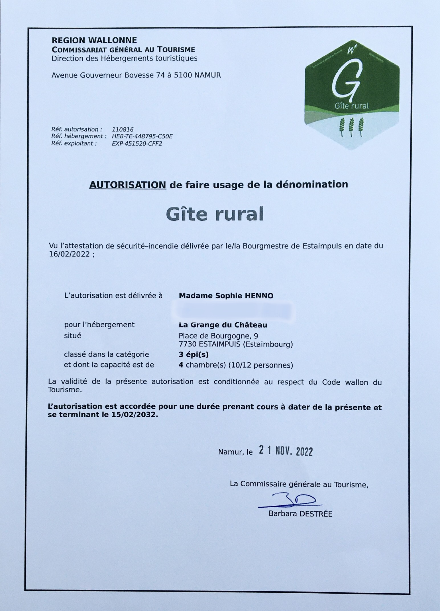 autorisation CGT pour la dénomination Gîte rural La Grange du Château